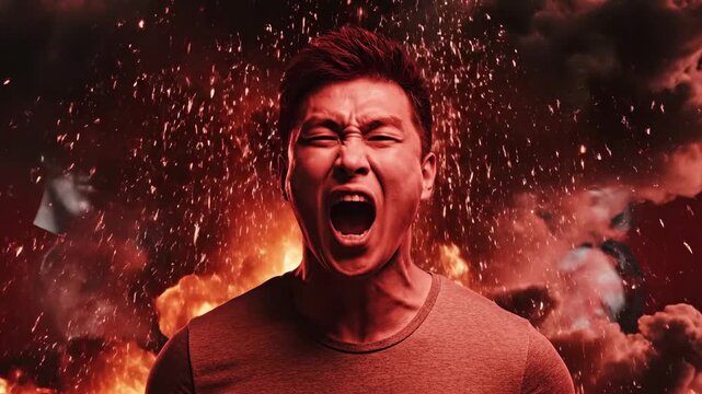 Frustrated asian man screaming in agony as his head explodes from information overload, symbolizing burnout, stress, digital chaos, and mental breakdown in a fiery blast of smoke and sparks