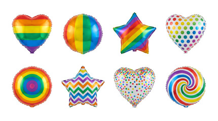 Obraz premium Rainbow foil balloon set including heart, star, and round shapes with colorful patterns isolated. Lgbtq pride month celebration and party decoration.