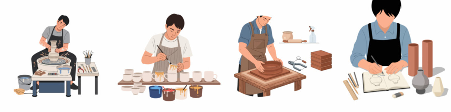 Detailed vector set illustrating the ceramic pottery making process, from design sketching and throwing clay to hand shaping and final glazing.