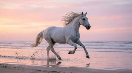 Obraz premium White Horse Galloping on the Beach(海辺を駆ける白馬)