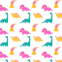 Baby dinosaur cartoon textile illustration vector design for cute kids print. Seamless pattern perfect for clothing or wallpaper. Colorful prehistoric art for children background. © Liusia Voloshka
