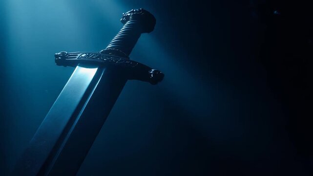 A close-up shot of a decorative sword with ornate details against a dark blue background