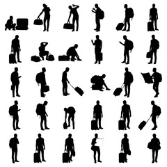 Obraz premium Set of 36 traveler silhouettes in different travel situations: standing with suitcase, walking, waiting, checking phone, carrying bags, bending, resting and moving through airport spaces. 