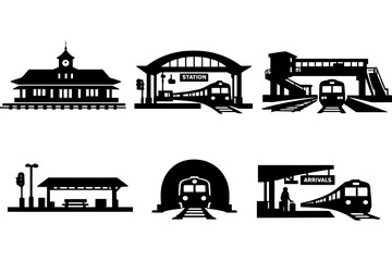 Obraz premium Silhouette of various train stations and platforms with trains and infrastructure.
