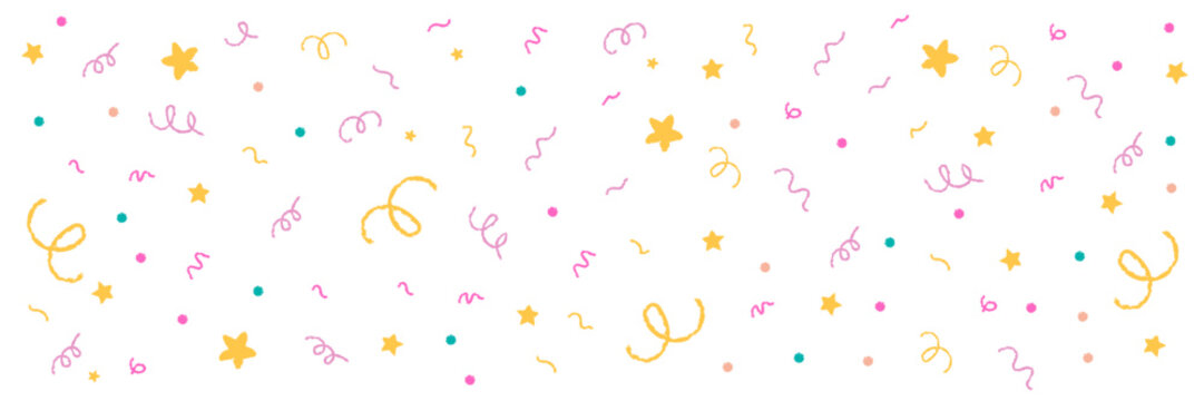 Cute colorful crayon style party banner with stars and confetti, isolated. Hand drawn doodle banner for design templates. Fun birthday abstract background on white. Confetti scribble set.