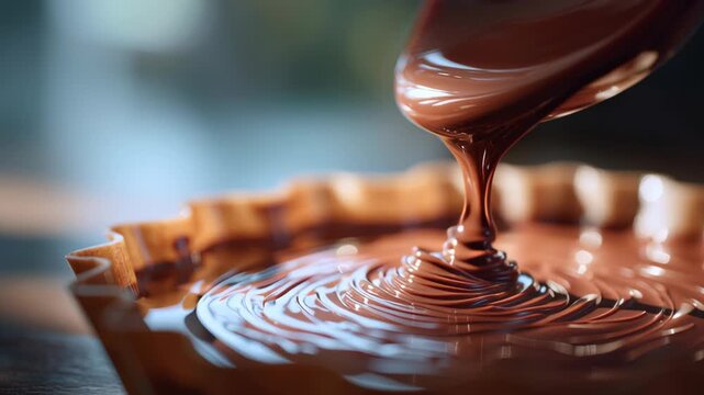 Chocolate flowing close up into tart crust with smooth texture and rich brown color dessert macro shot pouring pie shell