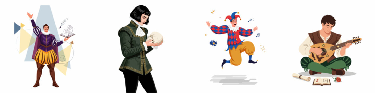 Classical Theater and Renaissance Characters: Tragic Hero, Royal Actor, Jolly Jester, and Musician Lutenist, celebrating arts and drama.
