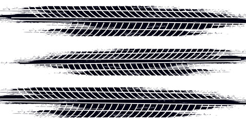 Tire tread marks, drift, motorsport, motocross, rally, tread mark with skid, grinding, splash effect. Graphic set of tire treads, wheel texture, car racing. Vector collection, wheel treads on asphalt © suprikacenhk