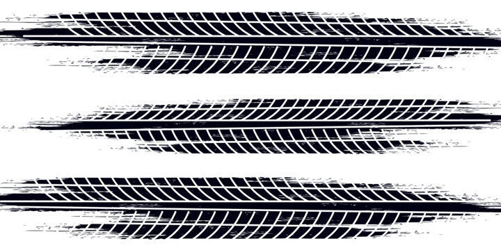 Tire tread marks, drift, motorsport, motocross, rally, tread mark with skid, grinding, splash effect. Graphic set of tire treads, wheel texture, car racing. Vector collection, wheel treads on asphalt