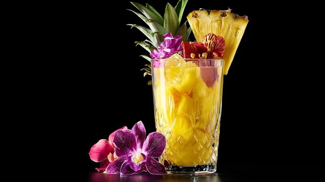 Tropical cocktail, pineapple slice, orchids, and leaves, set against a solid black background