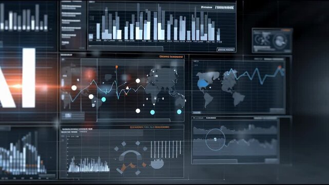 Futuristic digital interface displaying Artificial Intelligence data analysis and business insights for modern technology solutions