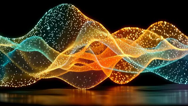 Vivid abstract digital artwork featuring flowing waves of orange and yellow interspersed with dotted light patterns on a black backdrop. ideal for creative design, graphic projects, and modern art ent