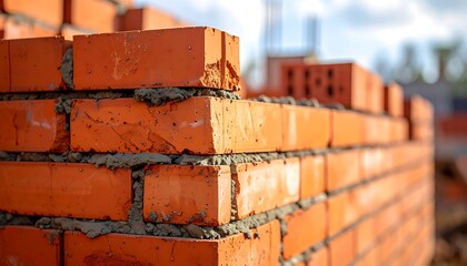 Fototapeta premium Close-up of a brick wall being constructed, showcasing the textured, orange-red bricks and mortar, with a blurred background
