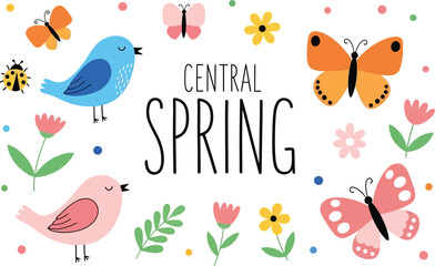Central Spring theme with birds butterflies flowers flat design vector illustration