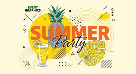 Vibrant Summer Party Invitation with Pineapple Drink vector illustration