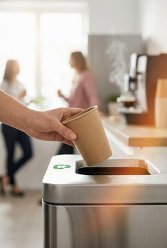 A hand places a brown disposable paper cup into a recycling bin with a green symbol in a modern office kitchen, promoting eco-friendly waste management.