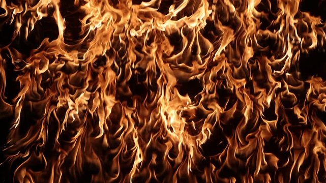 Raging wall of fire spreading on black background