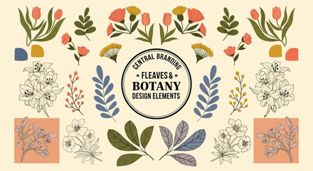 Botany Design Elements with Floral Patterns and Leaves vector illustration