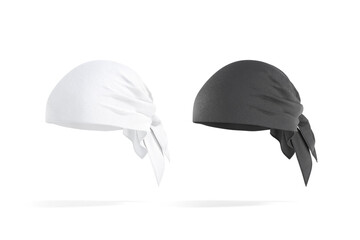 Blank black and white bandana head wrap mockup png, transparent background, 3d rendering, Empty fabric neckerchief for desert mock up, cut out. Clear accessory wrapped headhood or cover template.