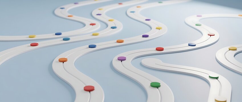 A long white road surrounded by multiple colored pins representing corporate excellence and strategic pathways ahead Concept.

