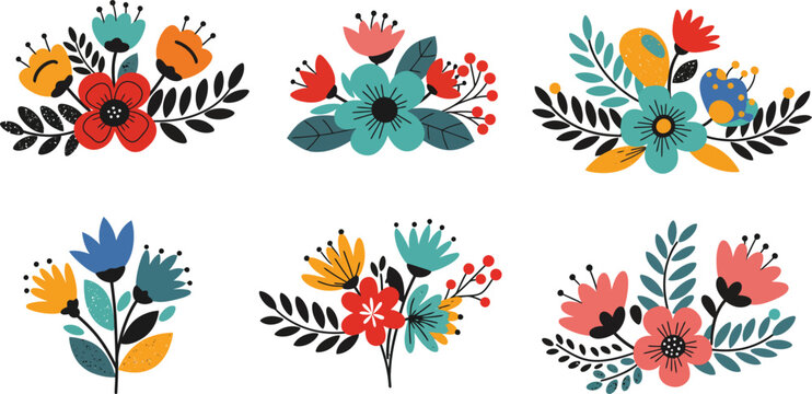 A colorful vector illustration set of fire flames combined with floral and nature elements in a decorative cartoon style