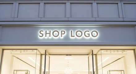 Obraz premium Modern Shop Storefront with Glowing White Logo Sign in Bright Neutral Lighting for Business Branding.