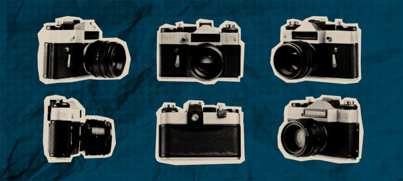 Set of vintage retro camera halftone stickers on blue crumpled paper background. Vector digital collage with paper cutout edge effects. Creative zine culture aesthetic and pop art photographic equipme