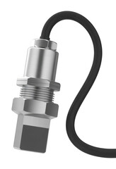 Silver metal connector with black cable isolated on a transparent background