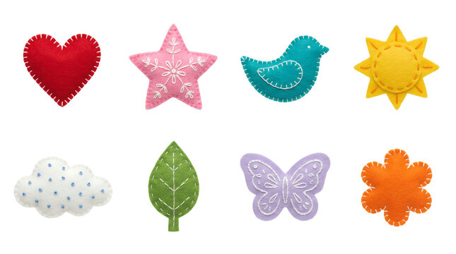 Colorful handmade felt patches set including heart, star, bird, sun, cloud, leaf, butterfly, and flower shapes isolated. DIY craft and sewing collection.
