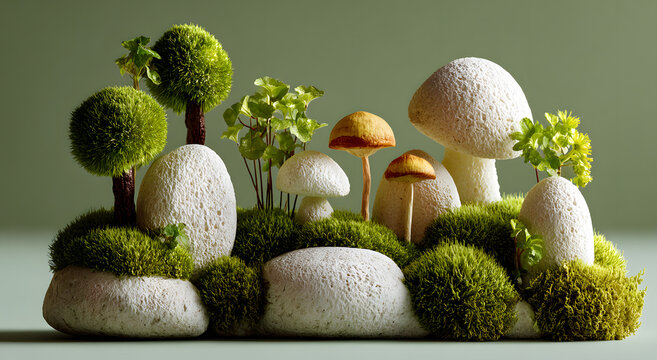 Komposisi still life batu putih bergaya zen yang disusun seimbang dengan lumut hijau, tanaman kecil, dan jamur di atas permukaan netral dengan latar belakang hijau lembut. Konsep ketenangan, keseimban