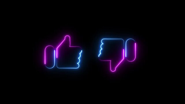 neon thumbs up and thumbs down icons neon line hand dislike icon and down like video animation. Social media feedback icon like, dislike, thumb up, thumb down, neon