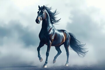 Fototapeta premium A black horse is running through a field of grass