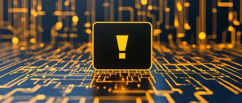 Digital warning sign with yellow exclamation mark glowing on  futuristic circuit board background