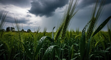 Fototapeta premium Developing cereal grain plants endure heavy rainfall under dark, turbulent skies.