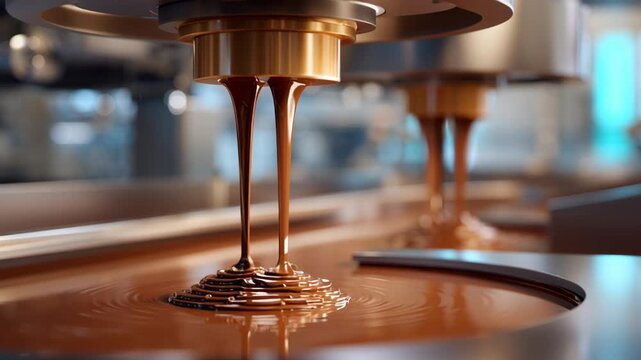 Chocolate pouring machine in factory with shiny metal parts producing smooth liquid chocolate showing rich brown texture