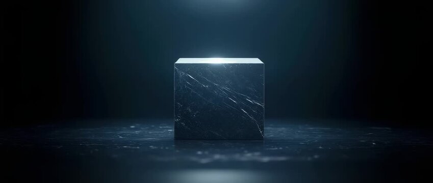 Dark marble cube display pedestal spotlighted against  deep blue black background