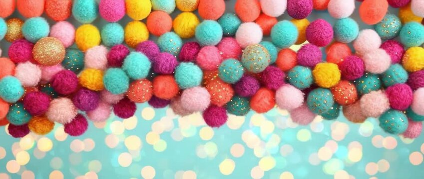 Colorful pom poms border with glittering accents above blurred teal bokeh background lights