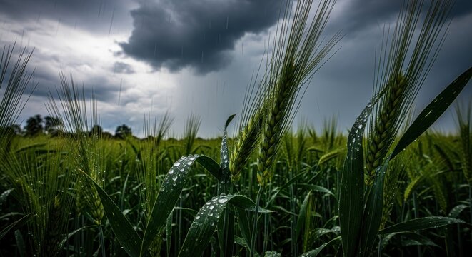 Developing cereal grain plants endure heavy rainfall under dark, turbulent skies.