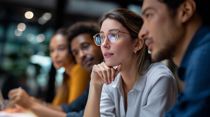 Obraz premium Focused female and male professionals collaborating intensively at graduate recruitment event comprehensive assessment day activities with tests talent acquisition workshop with