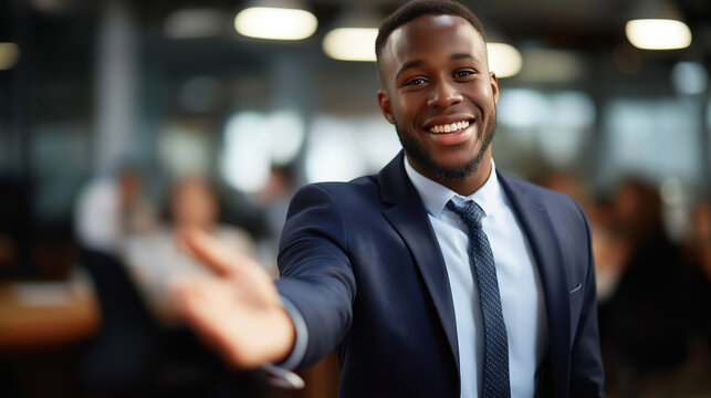 Professional young businessman in navy suit extending hand for greeting enthusiastically team leader welcoming newcomer to department warm office employee introduction moment