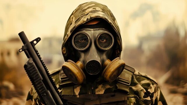 Soldier wearing gas mask and camouflage hood holds rifle against blurred desolate background