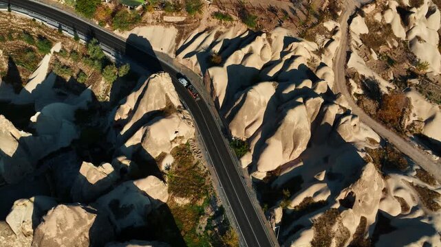 Scenic view of Love Valley in Cappadocia, Turkey, famous for its unique rock formations and fairy chimneys shaped by volcanic activity and erosion.