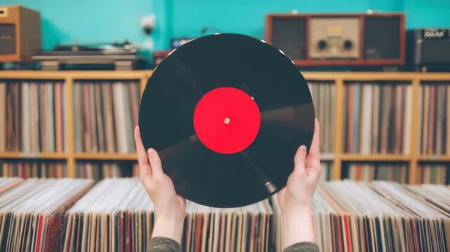 Hands holding black vinyl record with red label against shelves of music albums and stereo equipment