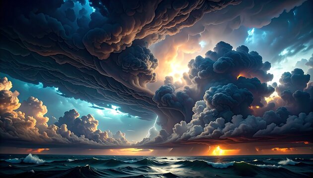 A dramatic ocean scene beneath a tempestuous sky. Cumulus clouds dominate, lit by lightning and the sunset's golden glow