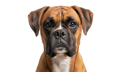 Obraz premium Brown and white Boxer dog headshot, serious expression, looking directly at camera, isolated PNG with Transparent Background