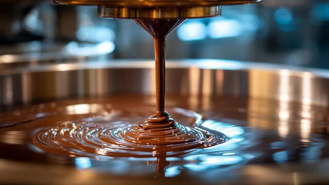 Chocolate stream pouring into large metal container with smooth glossy liquid surface in factory creating rich texture