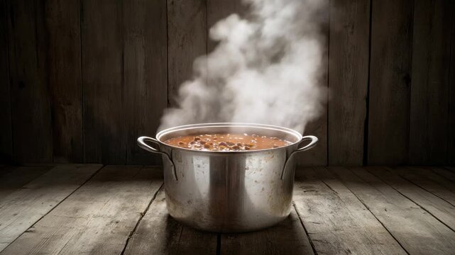 A pot of simmering stew with steam rising in a rustic kitchen setting