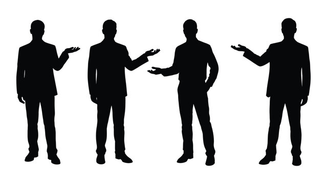 Four silhouetted figures of men in business suits gesturing with open hands