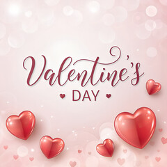 Romantic Valentine's Day Background with Floating 3D Red Hearts, Sparkling Bokeh, and Elegant Script