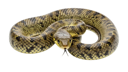 Obraz premium Green and black patterned snake coiled with tongue out, isolated PNG with Transparent Background